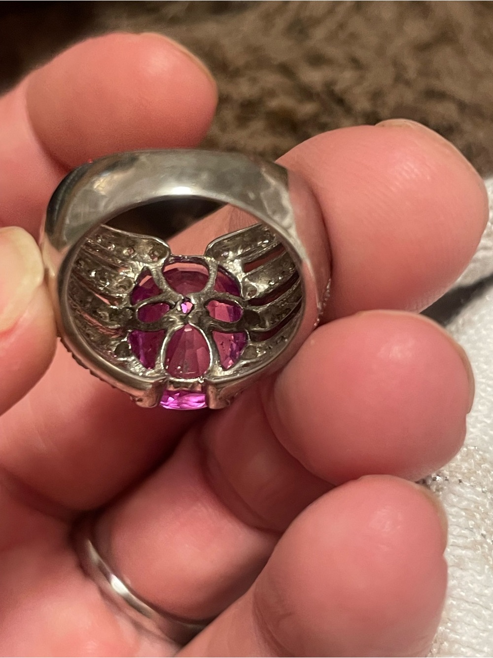 Vintage 12ct+ Lab Grown Pink Saphire Bold Sterling Statement Ring (Sz 6.5) - Picture 4 of 6